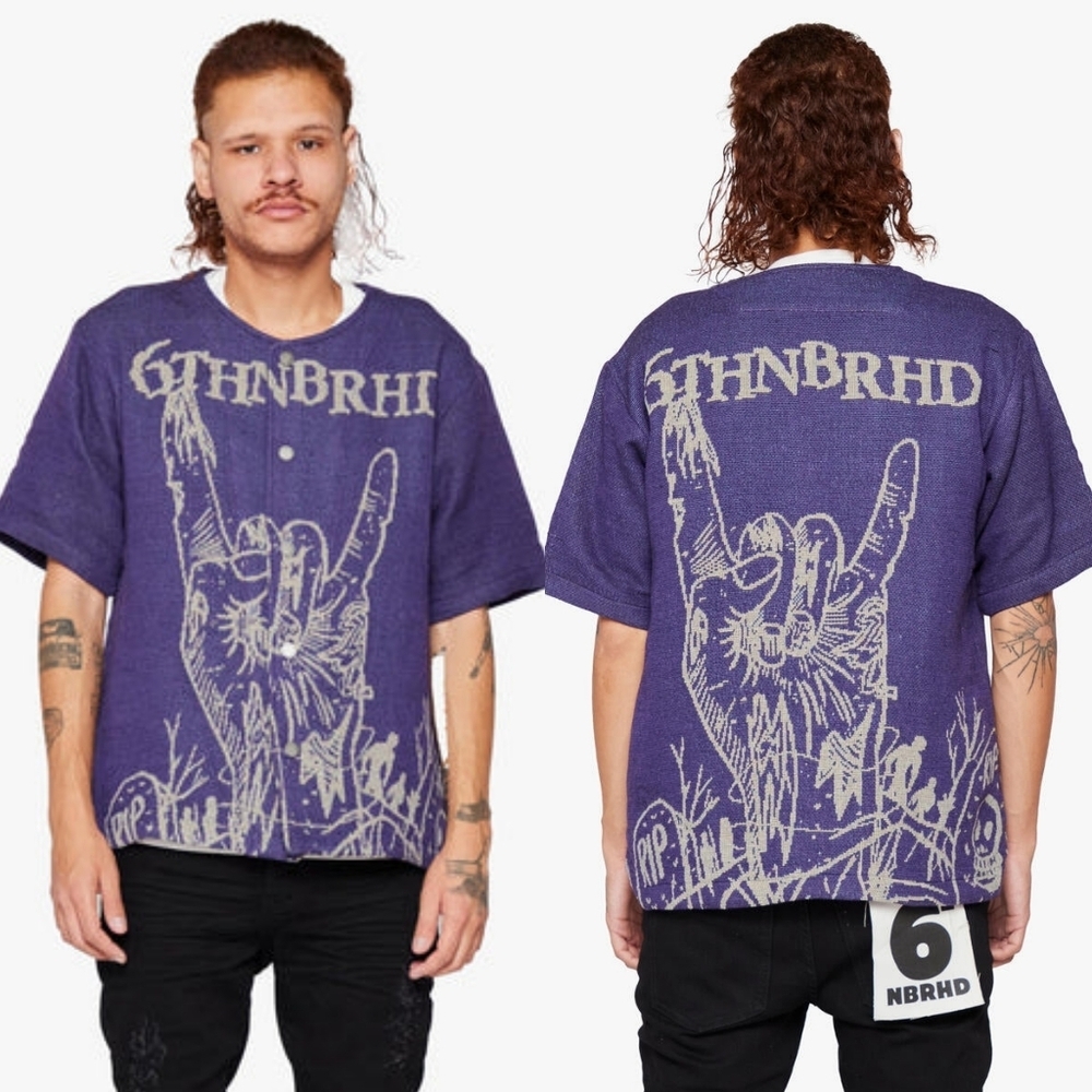 6TH NBRHD Unalive Jersey Purple Mens Thick Knit Rocker Shirt Rare Streetwear M